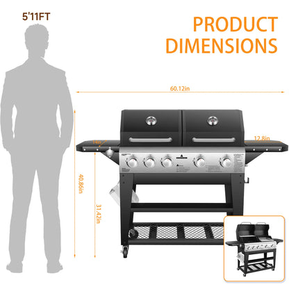 Gas Grill & Flat-Top Griddle Combo, 54,000 BTU Dual Cooking System, 5-Burner Grill Stove, Stainless Steel Panel for Outdoor Cooking.