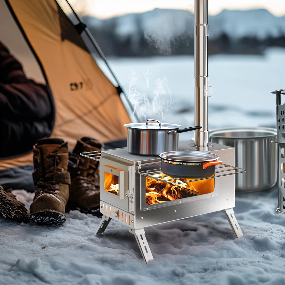 Heavy-Duty Portable Stainless Steel Wood Burning Tent Stove with 7 Chimney Pipes for Outdoor Camping & Heating