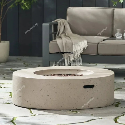 M138 Round Outdoor Concrete Propane Fire Pit-Modern Light Grey for Patio- Garden and Backyard. No Assembly Needed for Camping