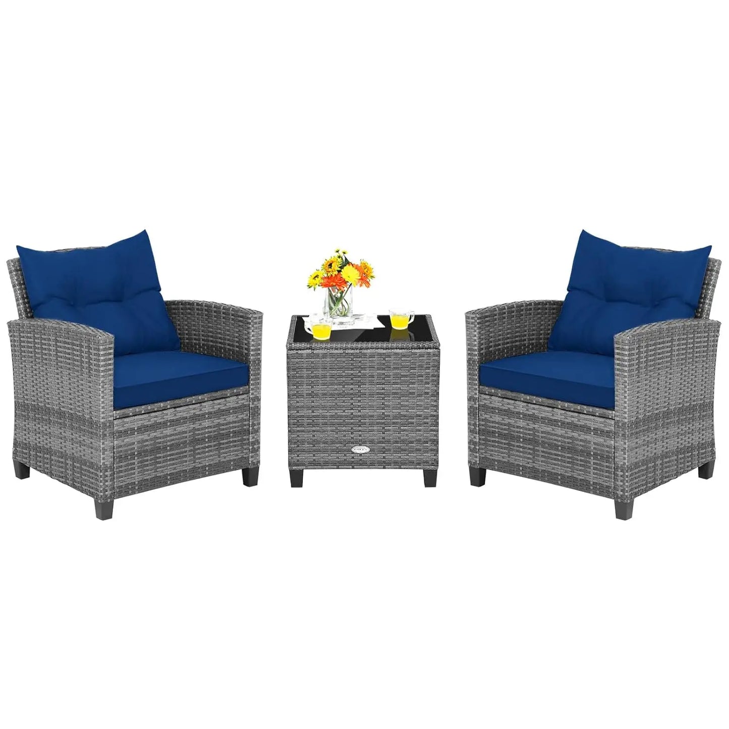 3-Piece Patio Furniture Set – PE Rattan Wicker Sofa Set with Washable Cushions & Tempered Glass Table