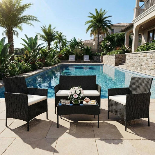 4-Piece PE Rattan Patio Set, 3 Armchairs with Glass-Top Table & Cushions, Outdoor Furniture for Garden & Balcony