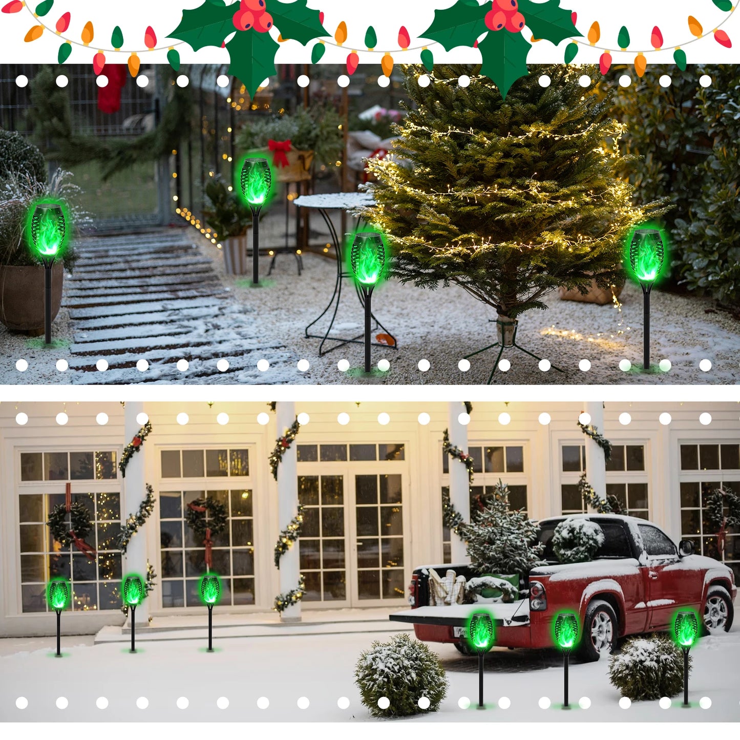 Green Solar Flame Light Outdoor with Flickering Flame, Waterproof, Lawn Ground Inserted Landscape for Garden, Decorations, Yard and Patio