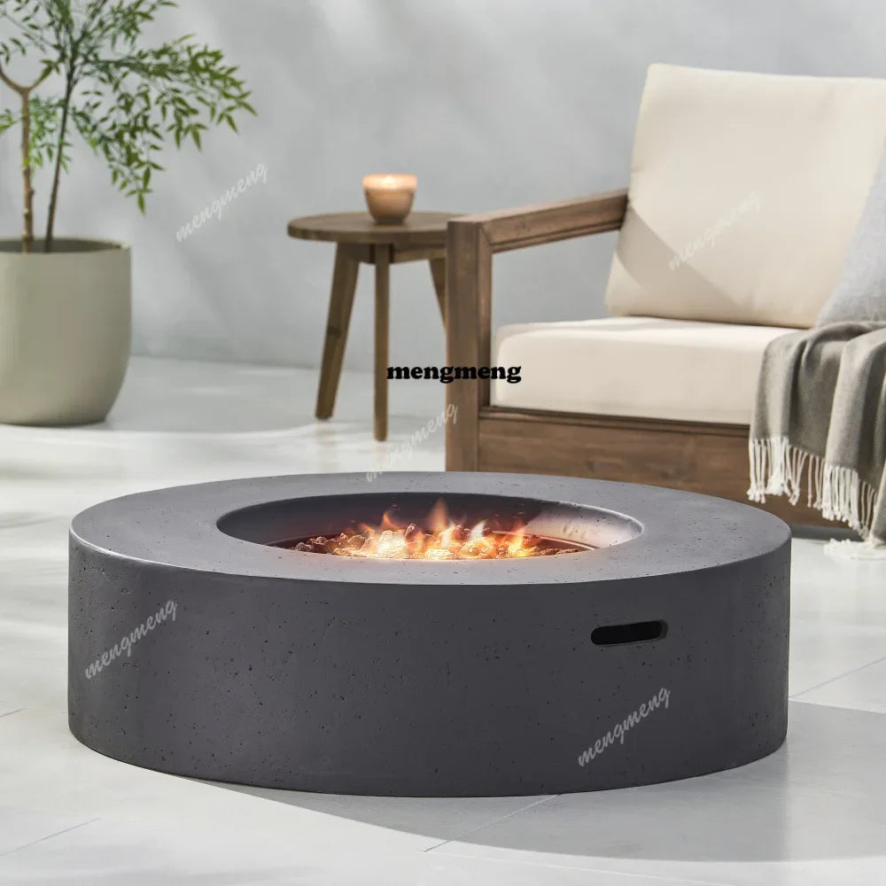 M138 Round Outdoor Concrete Propane Fire Pit-Modern Light Grey for Patio- Garden and Backyard. No Assembly Needed for Camping