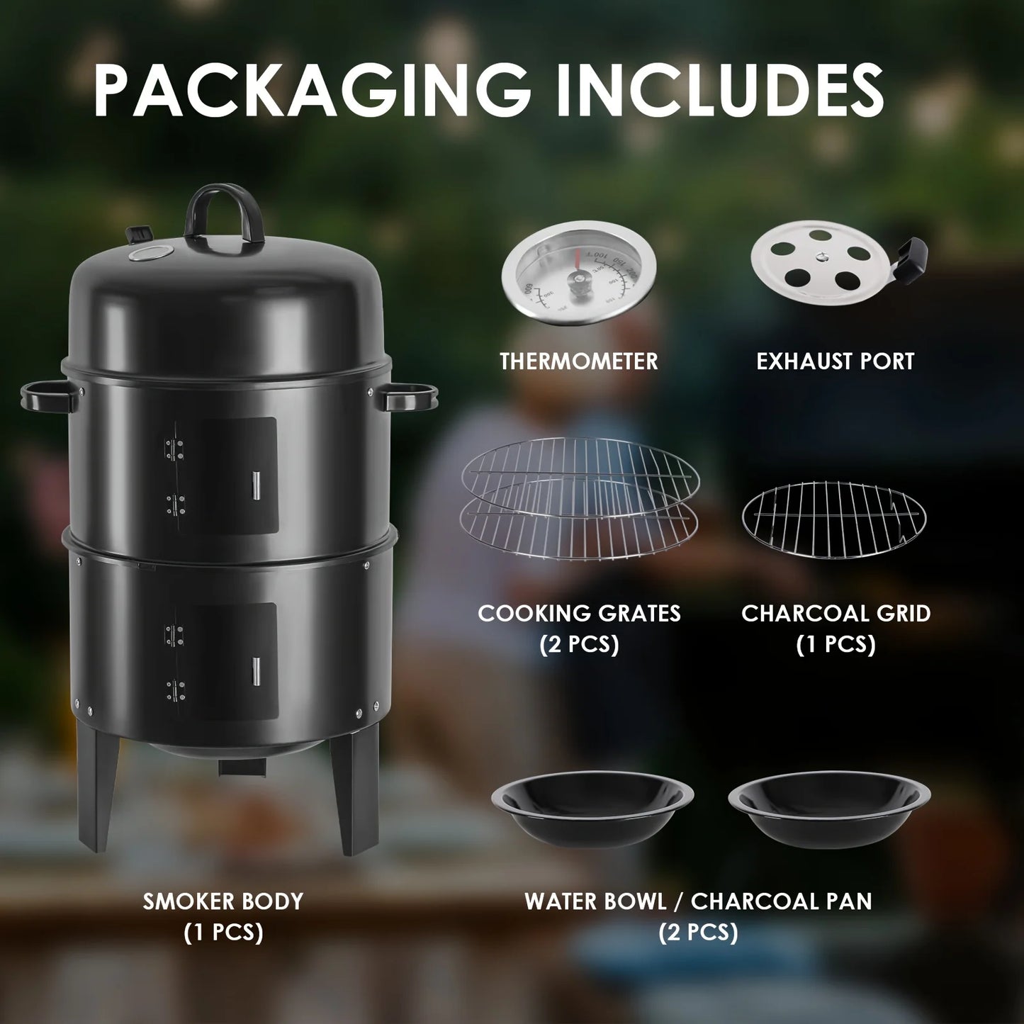 16" Portable Vertical Charcoal Smoker Grill with 3 Cooking Levels & Temperature Control