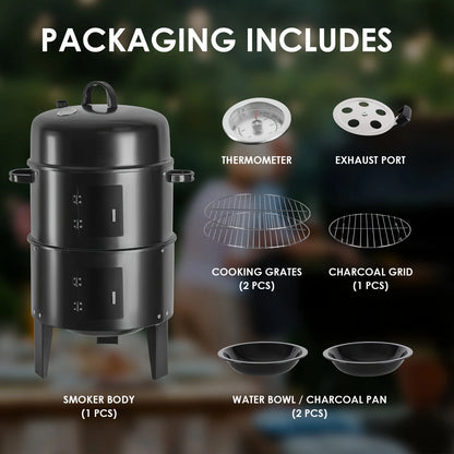 16" Portable Vertical Charcoal Smoker Grill with 3 Cooking Levels & Temperature Control