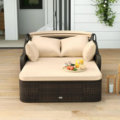 Outdoor Daybed with Retractable Canopy – PE Rattan Double Chaise Lounge with Pillows