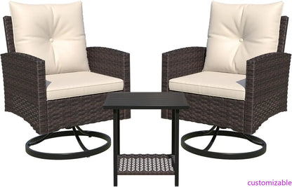 3-Piece Outdoor Patio Bistro Set, 360° Wicker Swivel Rocking Chairs with Side Table, Comfortable Outdoor Seating
