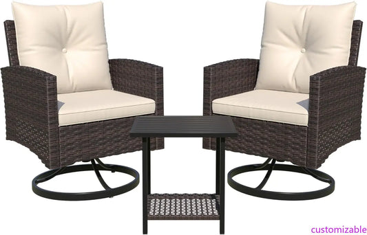 3-Piece Outdoor Patio Bistro Set, 360° Wicker Swivel Rocking Chairs with Side Table, Comfortable Outdoor Seating