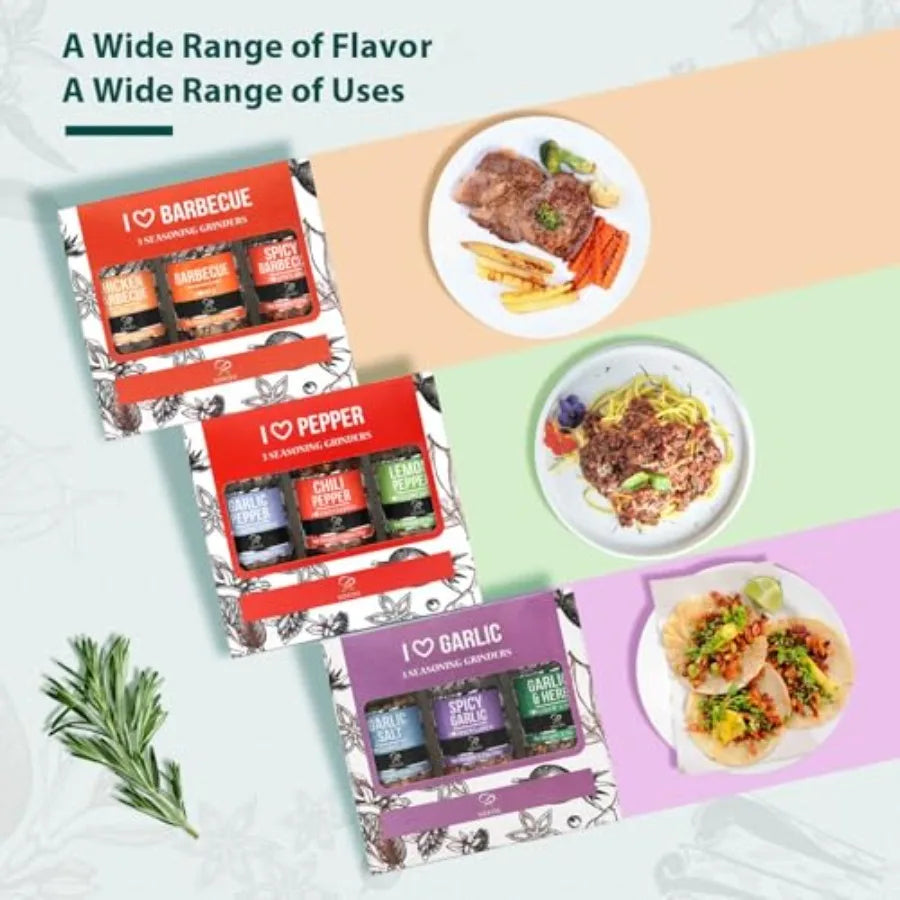 Spice Seasoning Set of 9 with Integrated Grinders- Individual Spice Grinder Pure and Fresh Perfect for BBQ Seasoning Gift Set