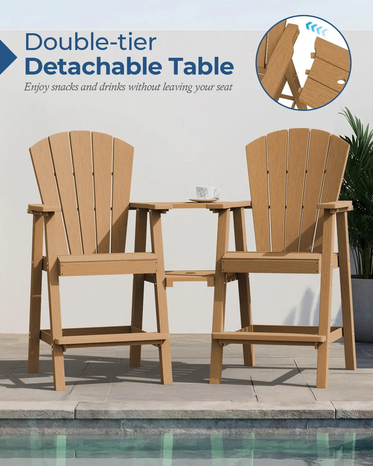 Set of 2 HDPE Tall Adirondack Chairs with Connecting Tray, All-Weather Design