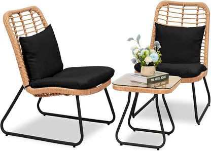 3-Piece Outdoor Wicker Bistro Set, 2 Rattan Chairs with Tempered Glass Table
