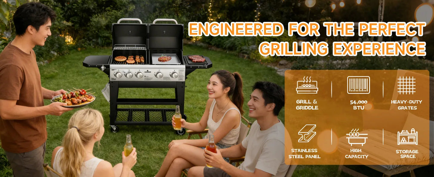 Gas Grill & Flat-Top Griddle Combo, 54,000 BTU Dual Cooking System, 5-Burner Grill Stove, Stainless Steel Panel for Outdoor Cooking.