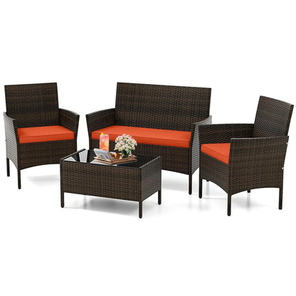4-Piece Outdoor Rattan Patio Set – Conversation Set with Loveseat, Wicker Chairs & Tempered Glass Coffee Table