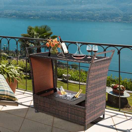 Rattan Patio Bar Cart- Beverage Bar Counter Table w/ Wheels & Ice Bucket