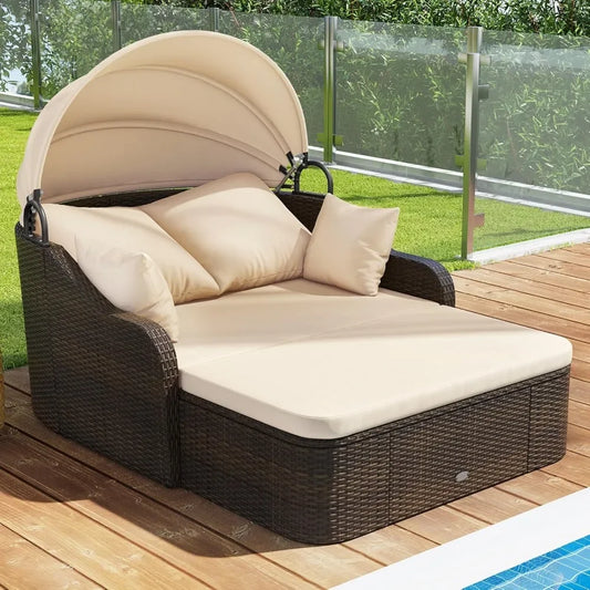 Outdoor Daybed with Retractable Canopy – PE Rattan Double Chaise Lounge with Pillows