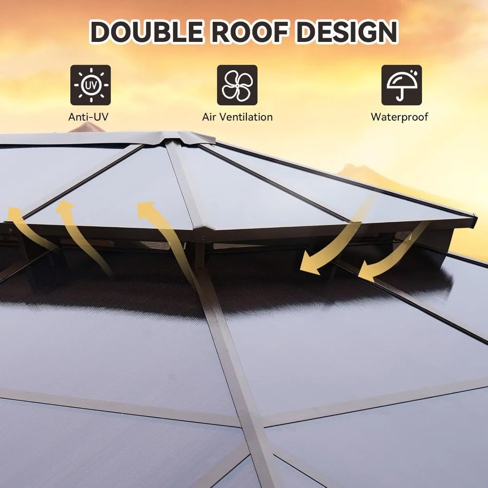 12'x16' Hardtop Gazebo, Outdoor Metal Gazebo with Double Polycarbonate Roof Canopy, Permanent Pavilion with Netting, Customized to Your Liking