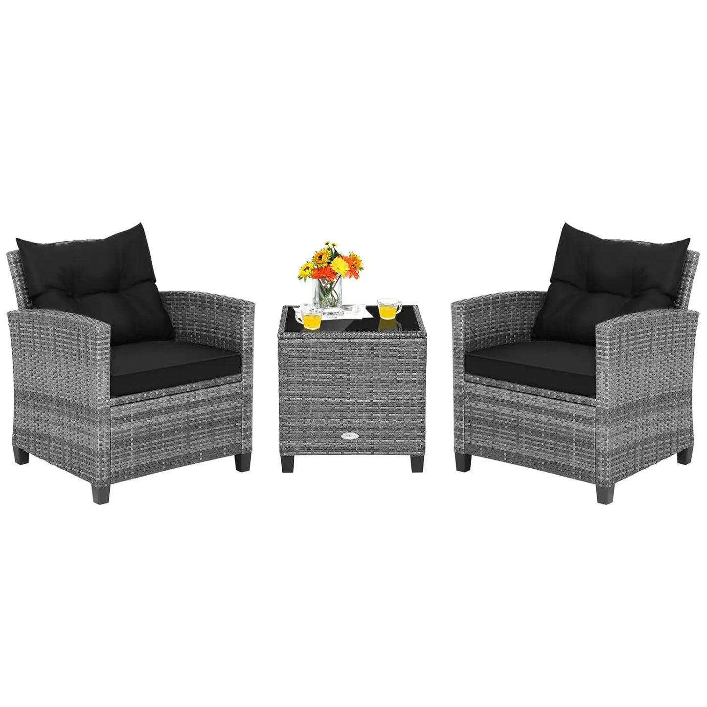 3-Piece Patio Furniture Set – PE Rattan Wicker Sofa Set with Washable Cushions & Tempered Glass Table