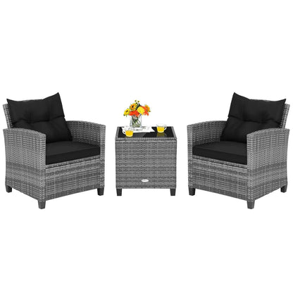 3-Piece Patio Furniture Set – PE Rattan Wicker Sofa Set with Washable Cushions & Tempered Glass Table