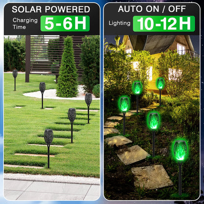Green Solar Flame Light Outdoor with Flickering Flame, Waterproof, Lawn Ground Inserted Landscape for Garden, Decorations, Yard and Patio