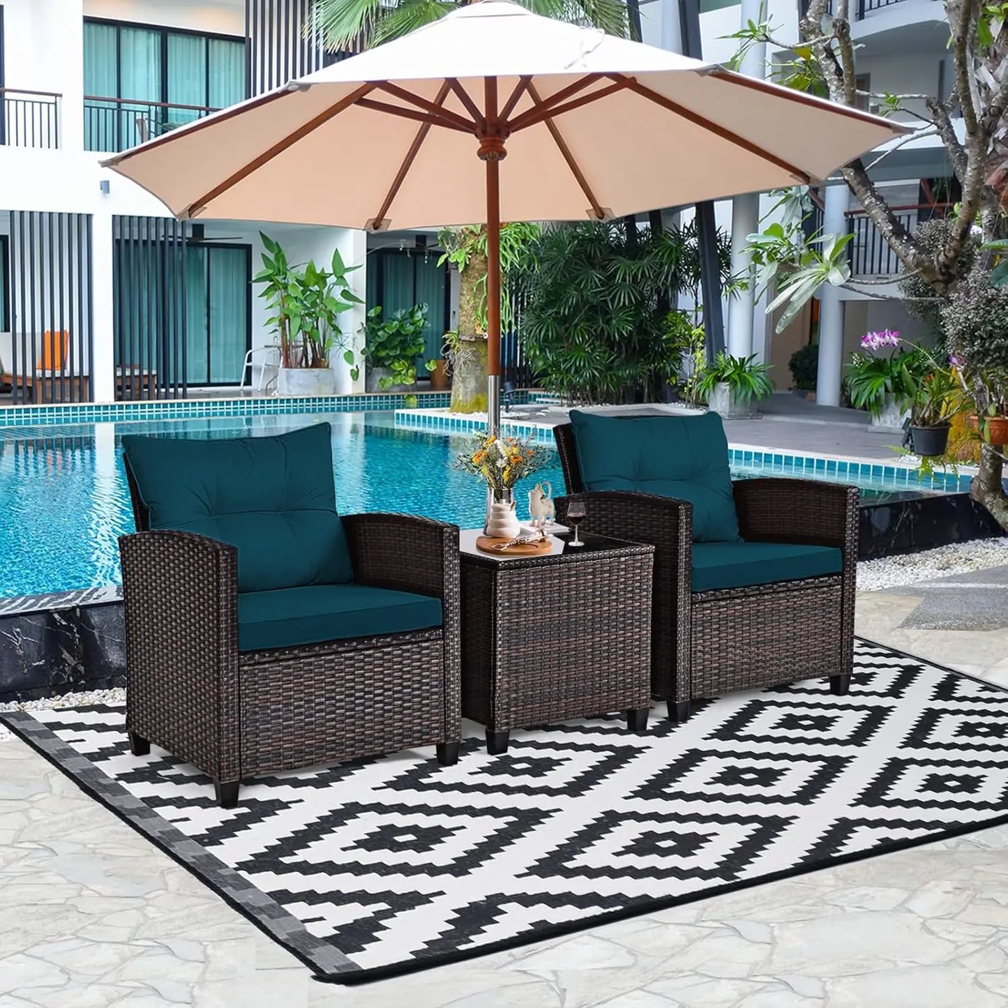 3-Piece Patio Furniture Set – PE Rattan Wicker Sofa Set with Washable Cushions & Tempered Glass Table