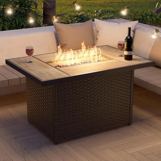 43" Outdoor Propane Fire Pit Table – 50,000 BTU Rectangular Wicker Design with Lid & Cover.