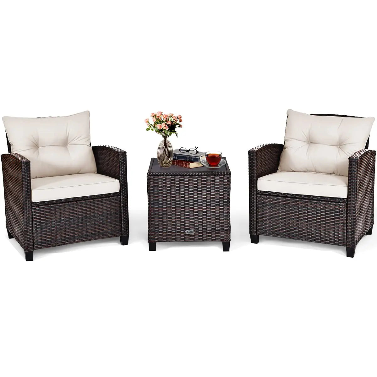 3-Piece Patio Furniture Set – PE Rattan Wicker Sofa Set with Washable Cushions & Tempered Glass Table