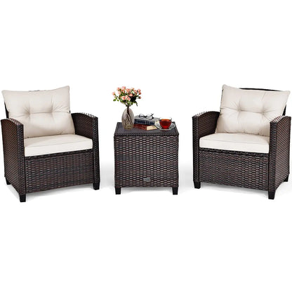 3-Piece Patio Furniture Set – PE Rattan Wicker Sofa Set with Washable Cushions & Tempered Glass Table