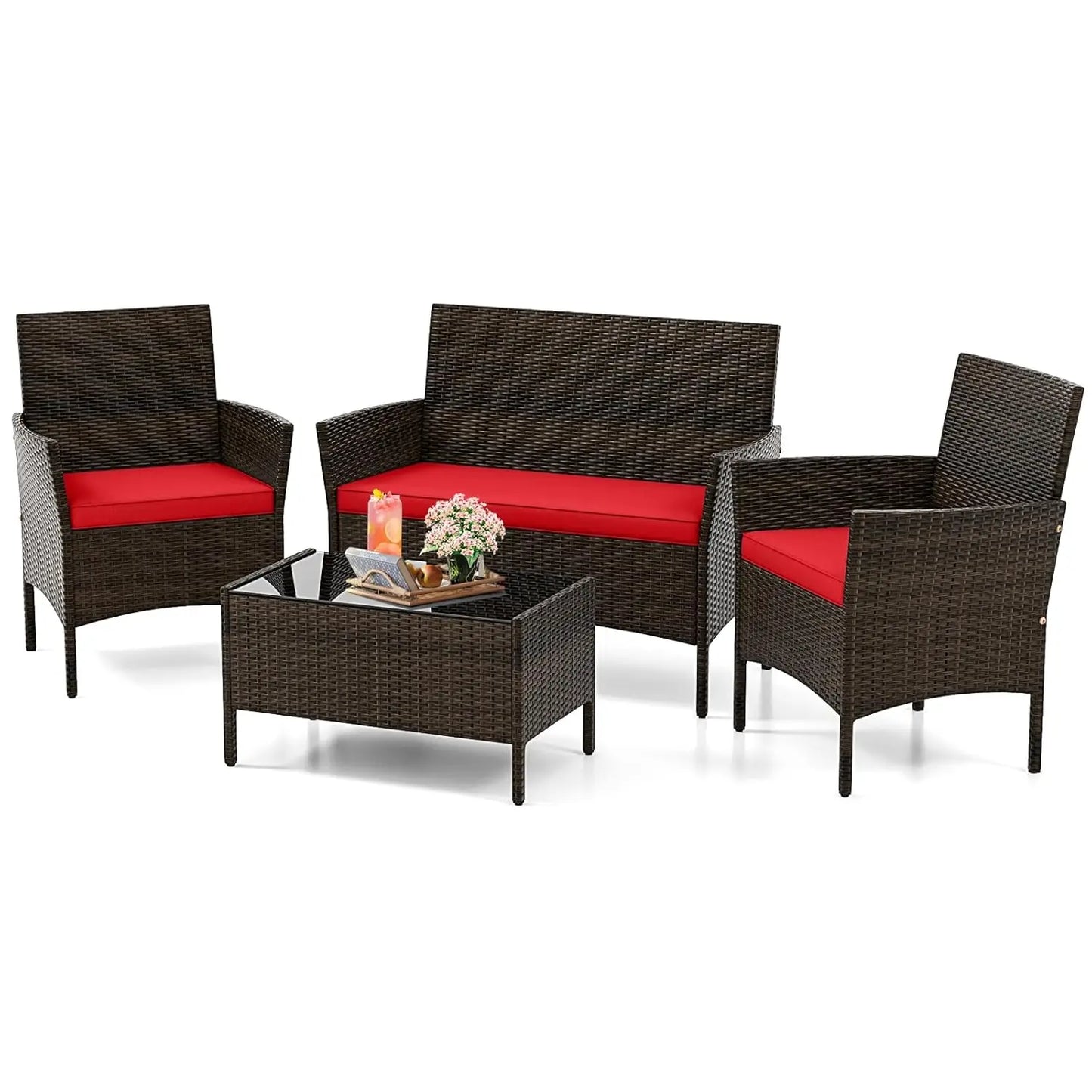 4-Piece Outdoor Rattan Patio Set – Conversation Set with Loveseat, Wicker Chairs & Tempered Glass Coffee Table