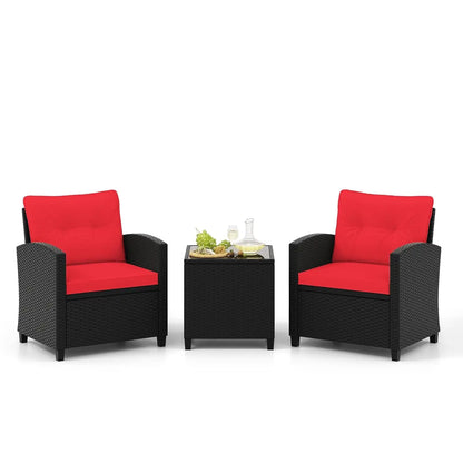 3-Piece Patio Furniture Set – PE Rattan Wicker Sofa Set with Washable Cushions & Tempered Glass Table