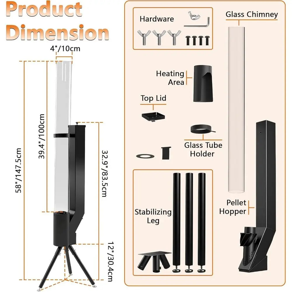 58" Portable Outdoor Wood Pellet Heater - For Patio, Garden, Beach, RV, and Outdoor Dining (Black)