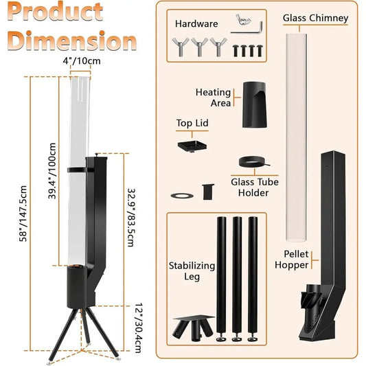 58" Portable Outdoor Wood Pellet Heater - For Patio, Garden, Beach, RV, and Outdoor Dining (Black)
