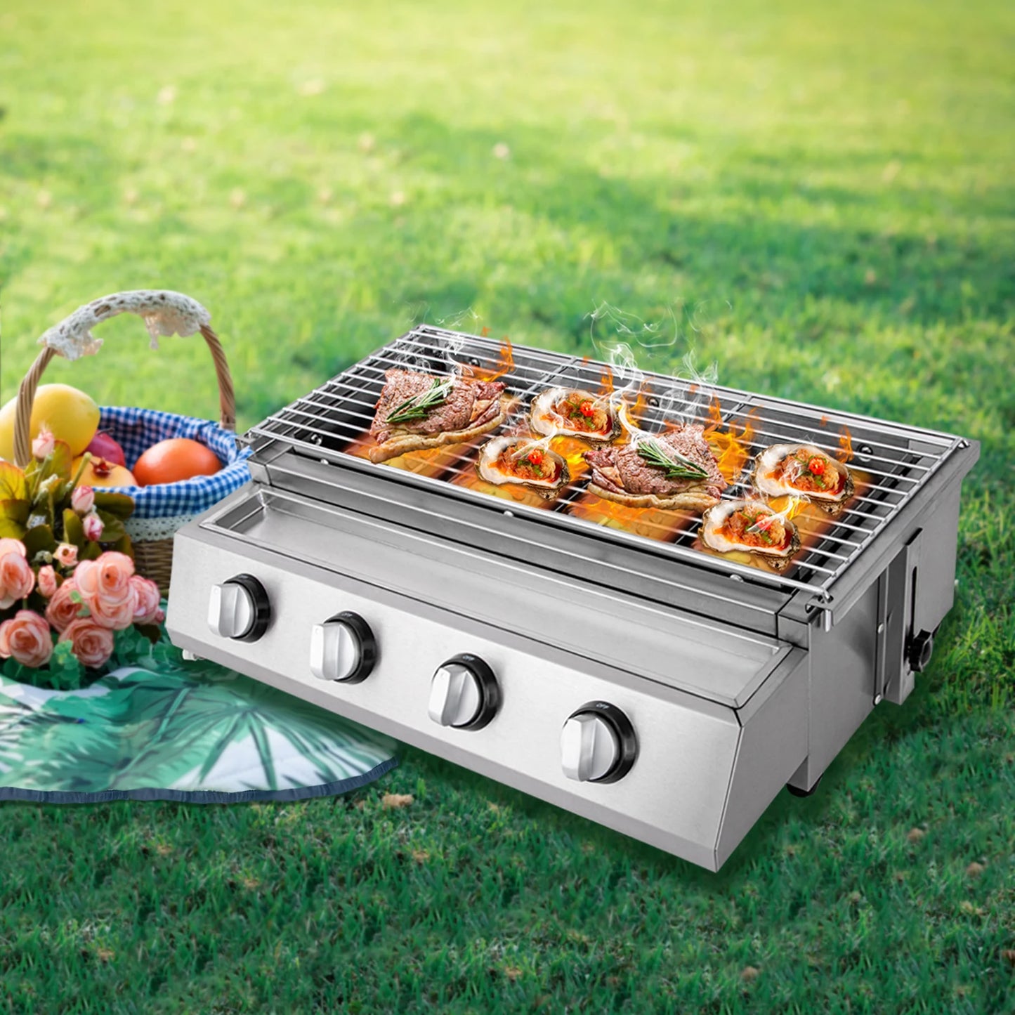 Stainless Steel Smokeless Barbecue Grill, 4 Burners, Outdoor Grill, Portable BBQ LPG Gas Removable Grill for Patio Garden.