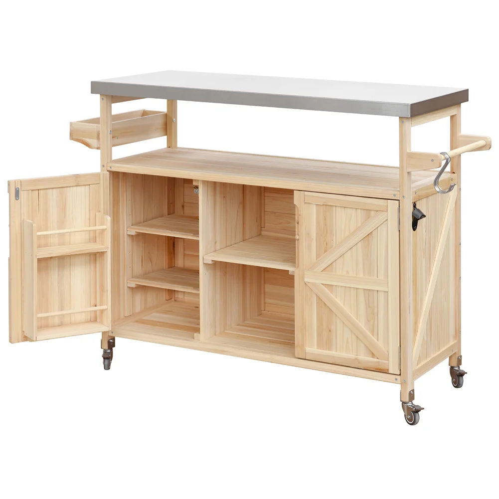 Portable Bar Tables- Outdoor Grill Prep Table with Storage- Tabletop Spice Rack- Internal Storage Racks- 4 Locking Mobile Wheels