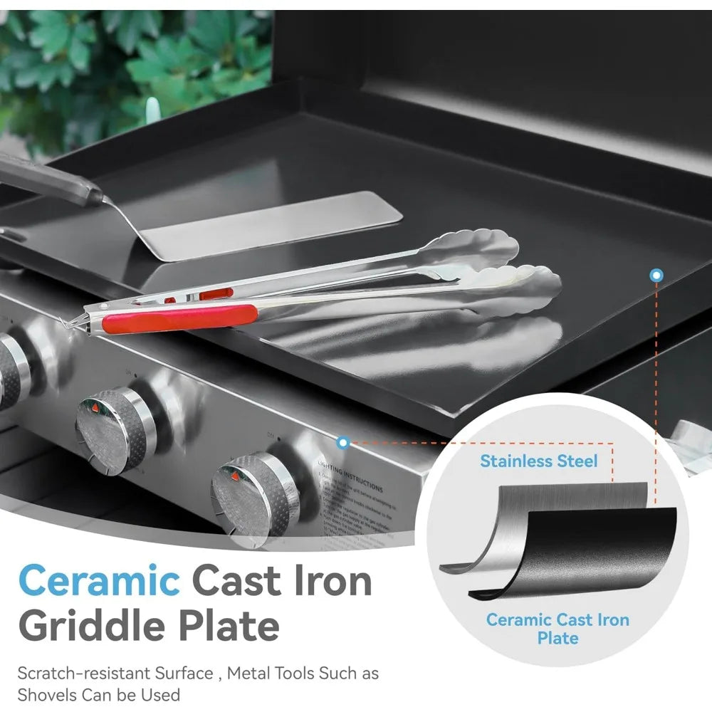 22-Inch Portable Tabletop Griddle with Hood and Ceramic Coated Cast Iron Plate, 3 Burner Flat Top Griddle, Propane Gas, BBQ Griddle.
