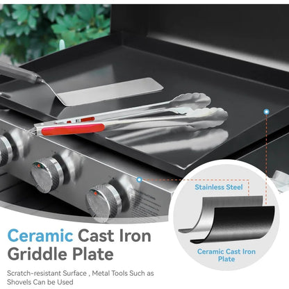 22-Inch Portable Tabletop Griddle with Hood and Ceramic Coated Cast Iron Plate, 3 Burner Flat Top Griddle, Propane Gas, BBQ Griddle.