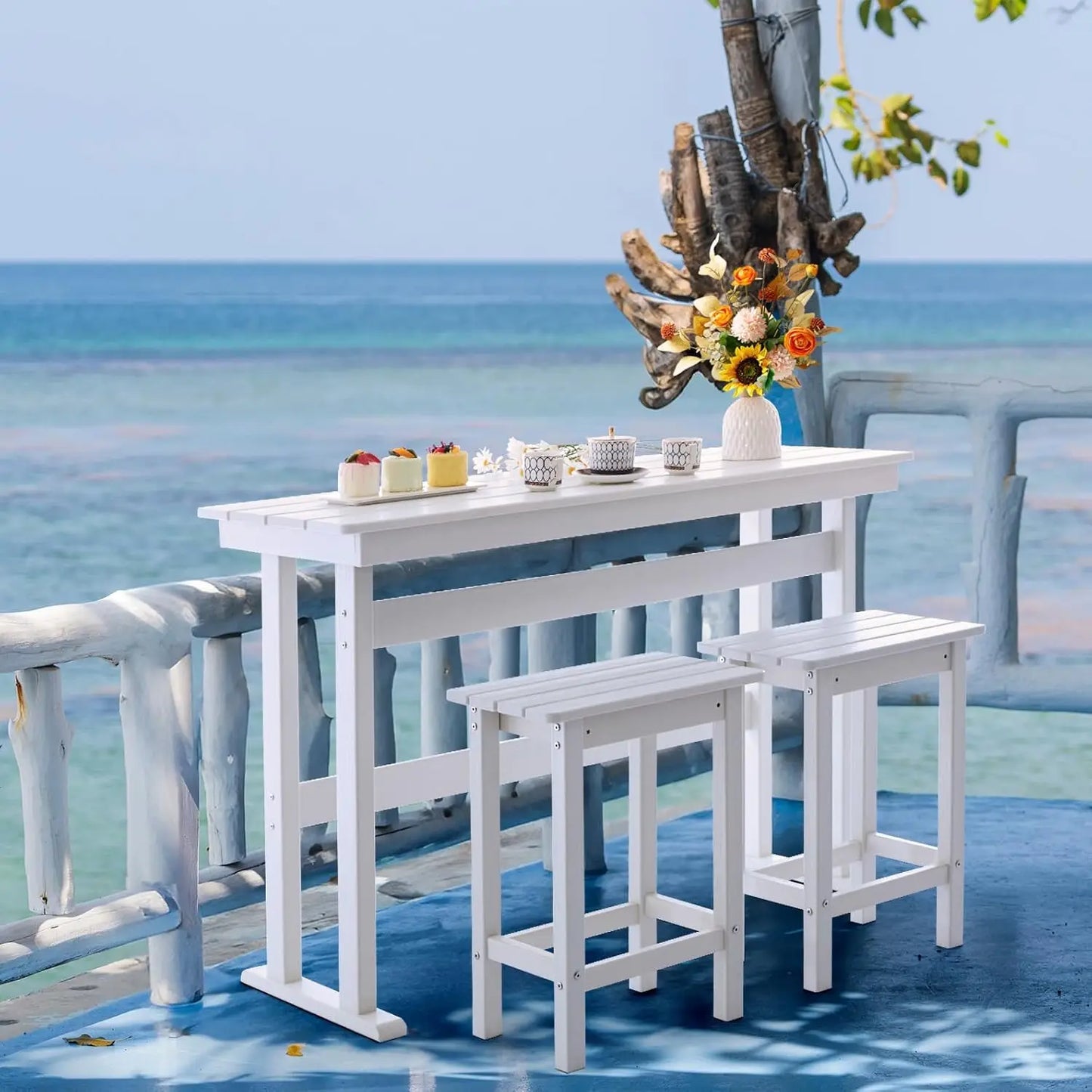 3-Piece Outdoor Bar Set – HDPE High-Top Table & 2 Chairs for Patio, Balcony, or Poolside (Gray)