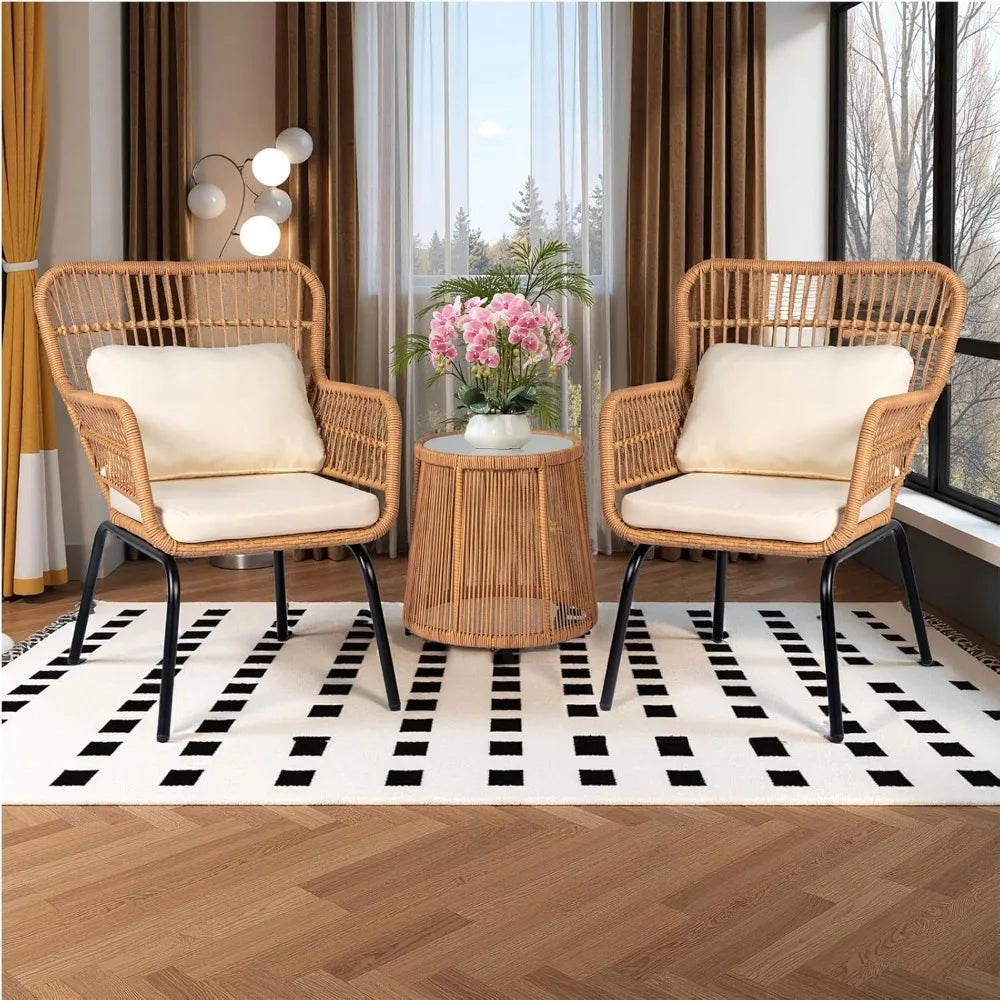 3-Piece Outdoor Wicker Bistro Set, 2 Rattan Chairs with Tempered Glass Table