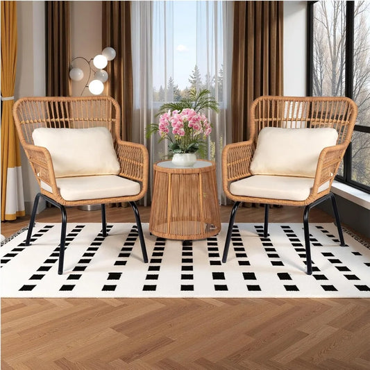 3-Piece Outdoor Wicker Bistro Set, 2 Rattan Chairs with Tempered Glass Table