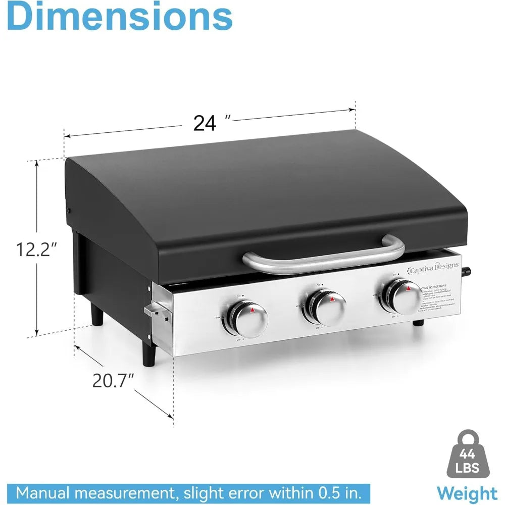 22-Inch Portable Tabletop Griddle with Hood and Ceramic Coated Cast Iron Plate, 3 Burner Flat Top Griddle, Propane Gas, BBQ Griddle.