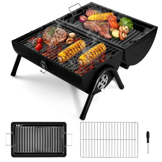 Portable Charcoal Grill Outdoor BBQ Folding Mini Smoker with Roasting Plate & Adjustable Grate