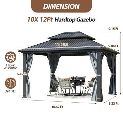 10 X 12ft Hardtop Gazebo, Galvanized Steel Double Roof Gazebo with Nettings and Curtains, Outdoor Aluminum, Customization Available to Your Liking.