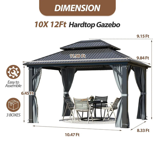 10 X 12ft Hardtop Gazebo, Galvanized Steel Double Roof Gazebo with Nettings and Curtains, Outdoor Aluminum, Customization Available to Your Liking.