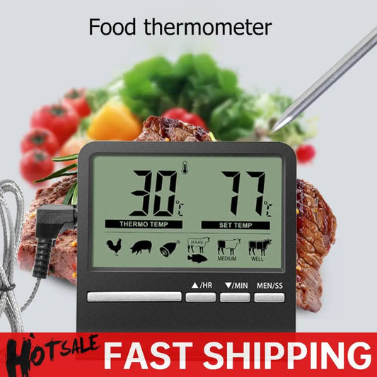Digital Meat Thermometer with Large LCD Display & Timer – BBQ Grill, Oven & Smoker Cooking Thermometer with Alarm