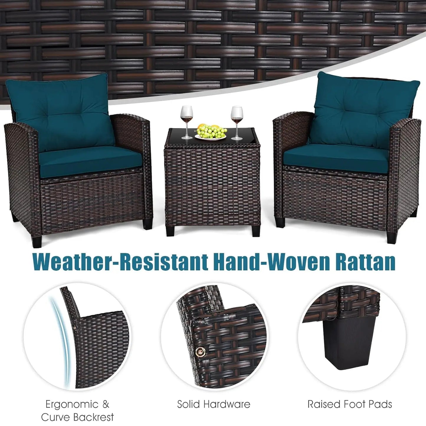 3-Piece Patio Furniture Set – PE Rattan Wicker Sofa Set with Washable Cushions & Tempered Glass Table